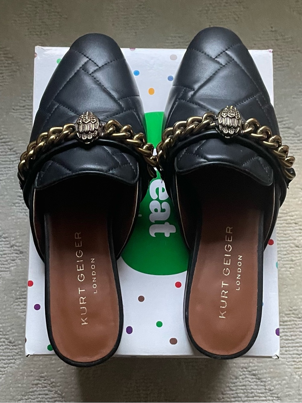 Kurt Geiger Black Quilted Leather Mules w/Gold Chain &
Eagle Head